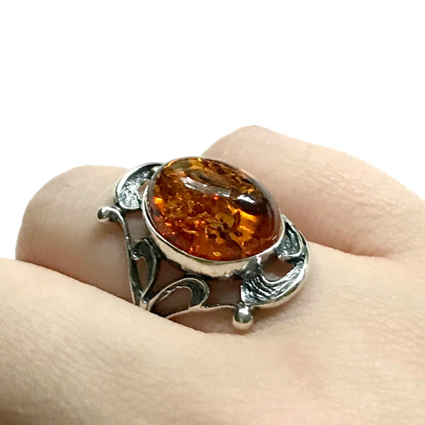 Baltic Amber Filigree Ring | Sterling Silver Size 6 7 8 9 | Light Years