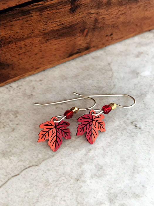 Autumn Maple Leaf Earrings - 2.5" Foil Leaves In Red, Orange & Gold, Hook Closure