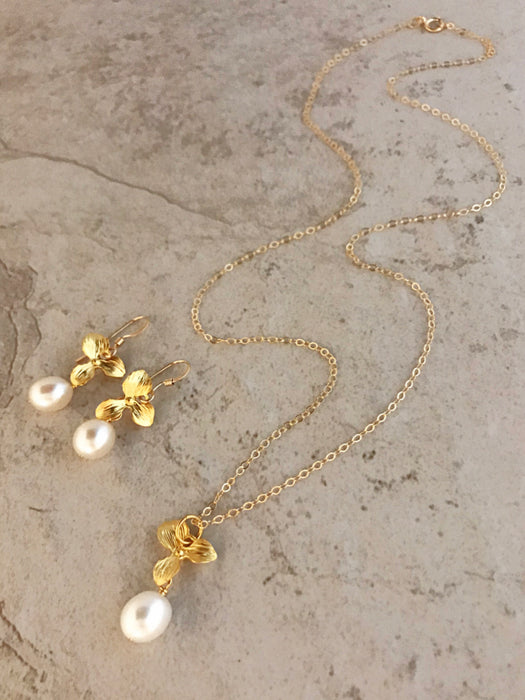 White Pearl & Orchid Pendant Necklace | 14kt Gold Filled Chain | Light Years